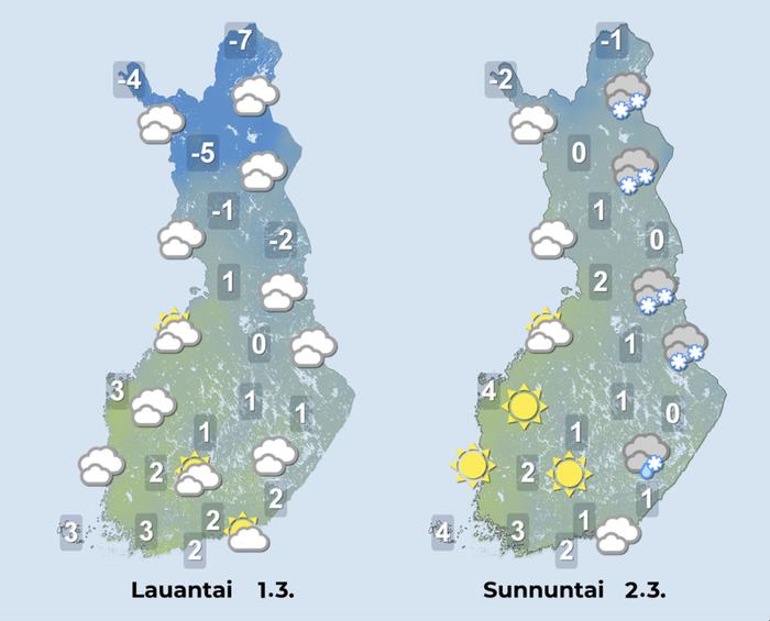 Ennuste 1.–2.3.2025 Ennuste iltapäiville 1.–2.3.2025.
