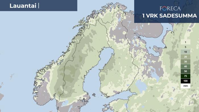 Sadesumma 7.6.2025 Lauantain 7.6.2025 ennustettu sadekertymä.