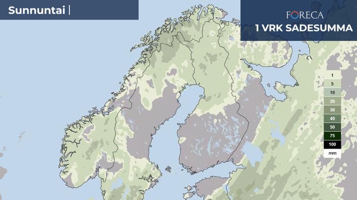 Sadesumma 8.6.2025 Sunnuntain 8.6.2025 ennustettu sadekertymä.
