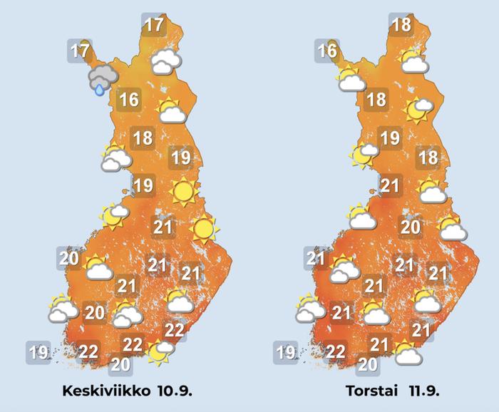 Ennuste 10.–11.9.2025 Ennuste iltapäiville 10.–11.9.2025.