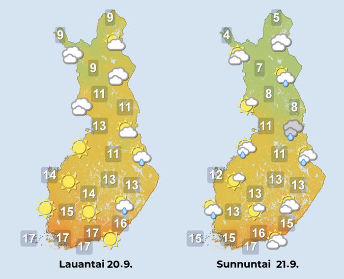 Ennuste 20.–21.9.2025 Ennuste iltapäiville 20.–21.9.2025.
