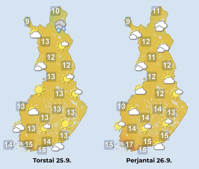 Ennuste 25.–26.9.2025 Ennuste iltapäiville 25.–26.9.2025.