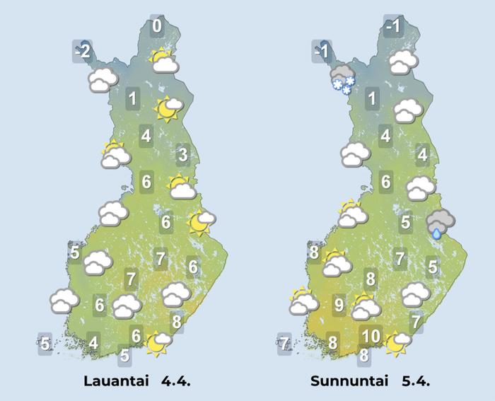 Ennuste 4.–5.4.2026 Ennuste iltapäiville 4.–5.4.2026.