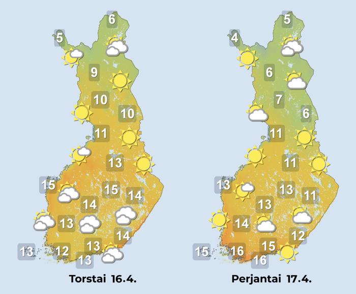 Ennuste 16.–17.4.2026 Ennuste iltapäiville 16.–17.4.2026.
