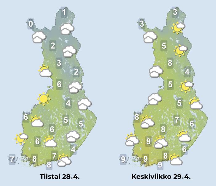 Ennuste iltapäiville 28.–29.4.2026.