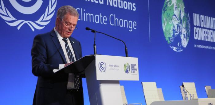 Presidentti Sauli Niinistö piti puheenvuoron YK:n ilmastokokouksen valtionpäämieskokouksessa 2. marraskuuta 2021 Glasgow’ssa.