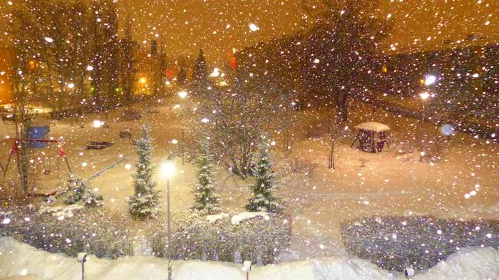 Lumipyry yöllä. Vaasassa pyrytti tammikuisena yönä lunta.