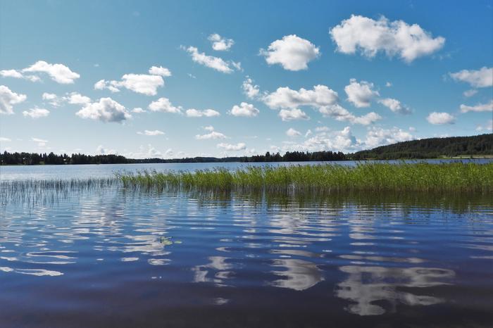 Kumpupilviä järvimaisemassa.