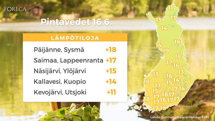 Pintavesien lämpötila kesäkuun 16. päivä aamulla kello kahdeksan viralliseen havaintoaikaan.