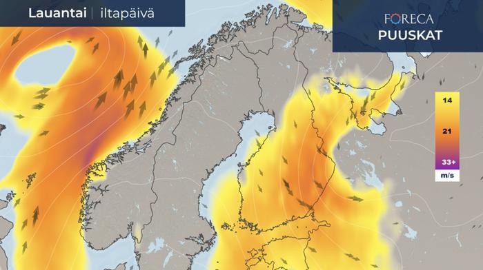 Itään ennustetaan myrskypuuskia lauantaiksi 14. maaliskuuta.