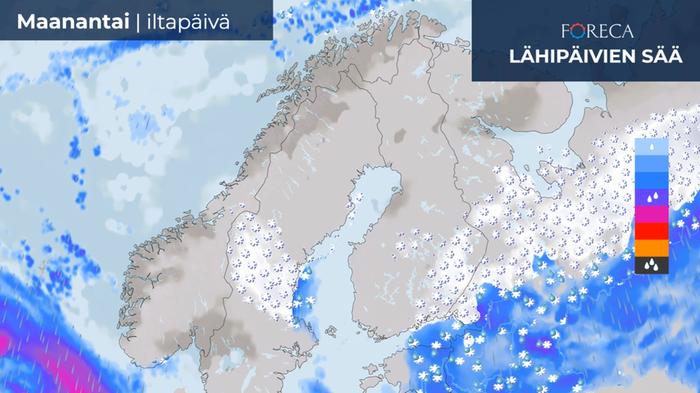 Sääennuste 13.11.2023 Maan etelä- ja keskiosassa tulee maanantaina paikoin heikkoja sateita, jotka painottuvat itään.