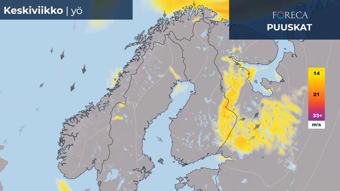 Puuskatuulet ke-yönä 3.5.2023 Tuulen puuskat yltyvät koviksi maan itäosassa keskiviikkoyönä. Voimakkaimmat puuskat voivat käväistä lähellä myrskyrajaa (21 m/s). Näkyvyys voi laskea huonoksi lumipyryssä.