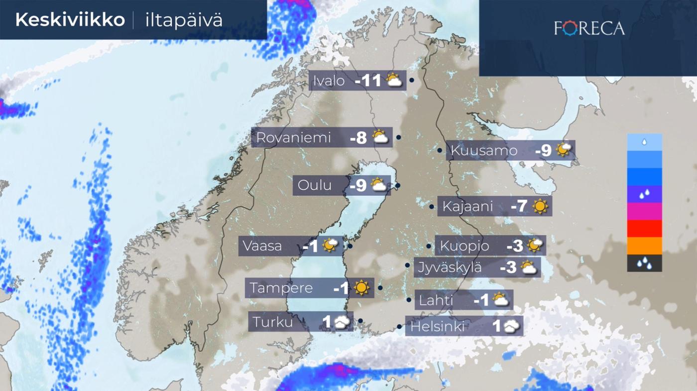 Suomen eteläpuolella on lumisadealue, jonka sade voi ulottua etelärannikolle. Muualla maassa on laajalti selkeää.