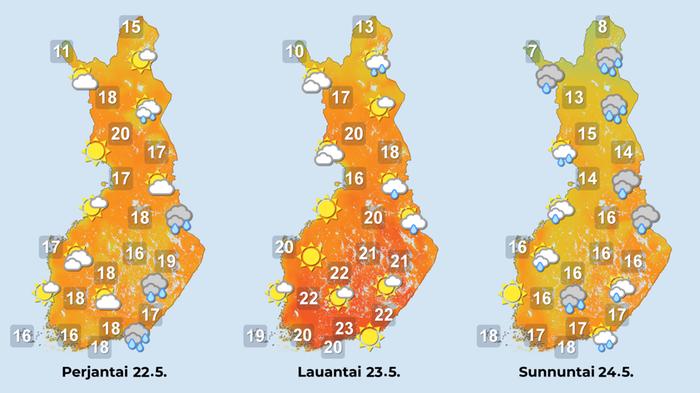 Sääennuste 22.–24.5. Viikonlopun päivistä lämpimintä on lauantaina. Sekä perjantaina että sunnuntaina tulee kuuroittaisia sateita eri puolilla maata, myös ukkonen jyrisee.
