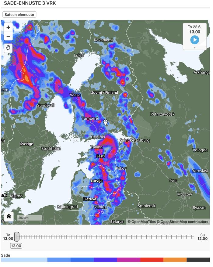 Kolmen vuorokauden sade-ennuste näyttää myös ennusteet tunnin aika-askelin.