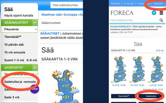 Sadetutka ja -ennuste foreca.fi -sivulla (kuvassa oikealla kännykkänäkymä, vasemmalla muut laitteet).
