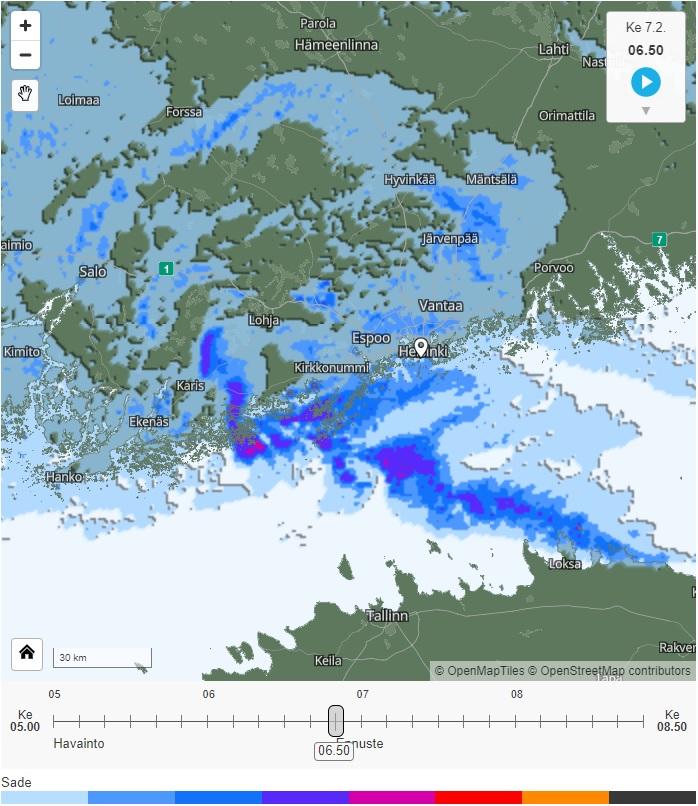 Sakeita lumikuuroja liikkuu etelärannikon edustalla ja läntisellä Uudellamaalla keskiviikkoaamuna.