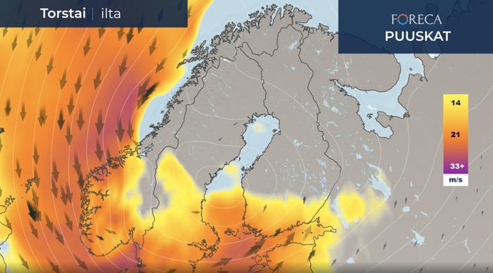Tuulet voivat käydä puuskissa myrskylukemissa etelä- ja länsirannikolla. Eteläisen Suomen sisämaassakin puuskat ovat kovia.