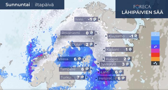 Sunnuntain sää Sunnuntaina lumipyry kurittaa maan itä- ja pohjoisosaa, etelässä ja lounaassa sataa ajoittain rankasti vettä.