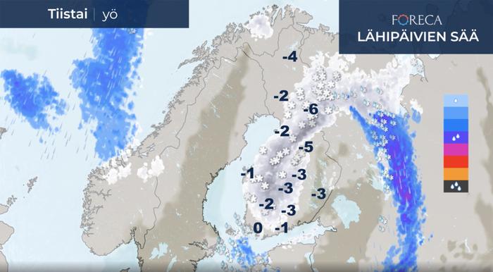 Tiistaiyönä ja -aamuna lunta voi pyryttää Etelä-Suomea myöden. 
