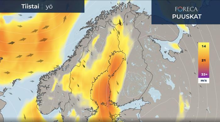 Tuulen puuskat voivat yltyä myrskylukemiin länsirannikon tuntumassa tiistain aikana.