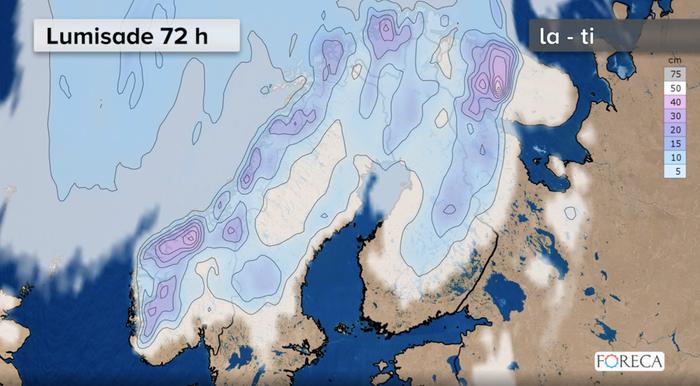 Lumikertymä lauantaista tiistaihin 9.-12.5.2020. Sakeimmat lumipyryt jäävät hieman Lapin itäpuolelle.