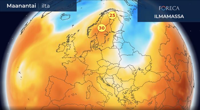 Fennoskandiassa on pian hyvin lämmintä. Ruotsissa ylimmät lukemat kohoavat lähelle 30 astetta, hellettä mitataan Suomen Lapissa saakka.