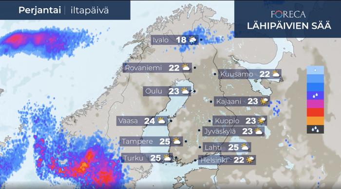 Perjantaina on vielä kosolti aurinkoa ja lämpöä.