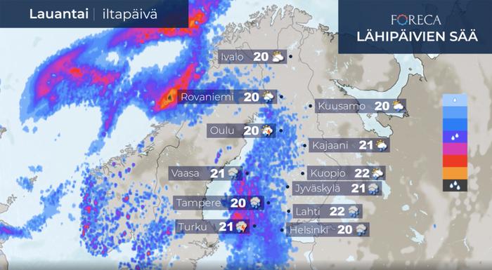 Lauantaiksi länteen ja etelään leviää runsaita sateita ja paikoin ukkostaa.