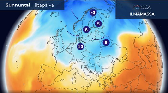 Viikonloppuna kylmää ilmaa purkautuu pohjoiselta napa-alueelta Keski- ja Pohjois-Eurooppaan. Päivälämpötila jää pakkasen puolelle osassa Suomea, Ruotsia ja Norjaa. Myös etelämpänä Euroopassa on vuodenaikaan nähden viileää.