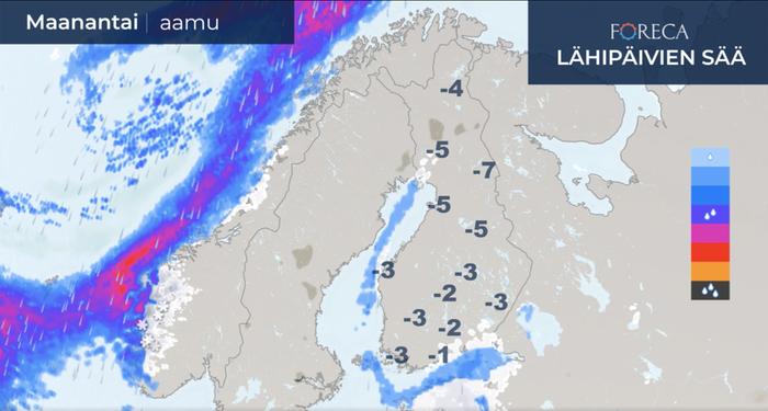 Maanantaiaamuna sateet tulevat pääosin lumena eteläisessä Suomessa.