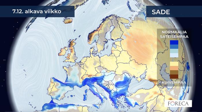 Joulukuun toinen viikko näyttää tavanomaista kuivemmalta laajalti Itä- ja Pohjois-Euroopassa. Sen sijaan Välimerellä on odotettavissa hyvin runsaita sateita ja tulvauutisia.
