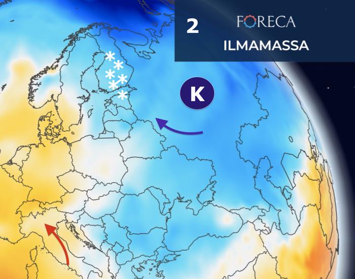 Skenaario 2: Jos Venäjän korkeapaine pysyttelee tarpeeksi idässä, Suomeen voi päästä etelästä sadealueita ja sateet tulisivat pääosin lumena kapeaa rantakaistaletta lukuun ottamatta.