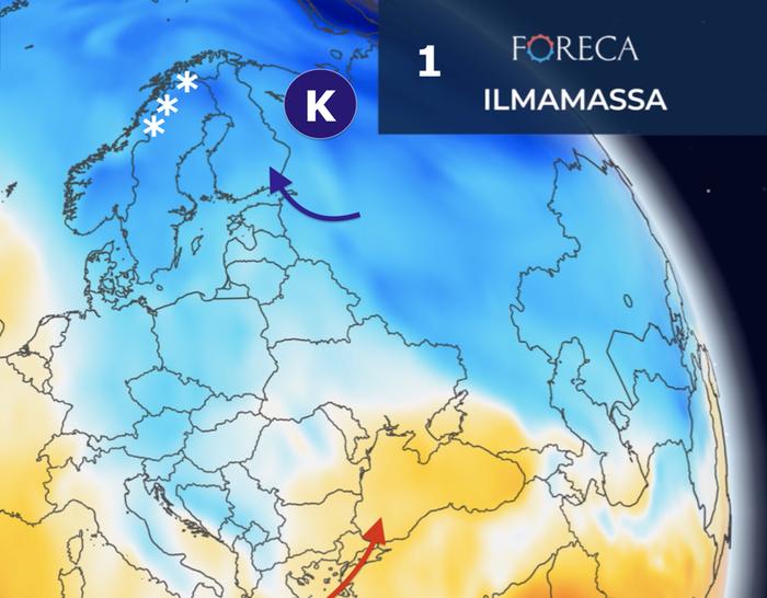 Skenaario 1: Venäjän korkeapaine hivuttautuu lähemmäs Suomea, jolloin jouluviikko on pääosin kuiva ja sateet jäävät ennemminkin Suomen länsipuolelle.