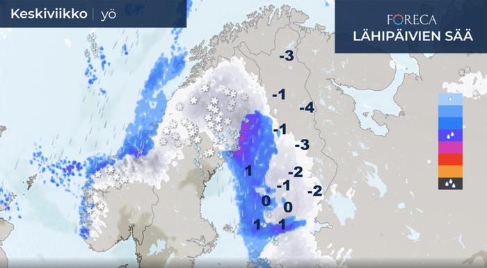 Keskiviikkoyöstä alkaen lunta sataa suuressa osassa maata, mutta länsi- ja etelärannikolla sateet alkavat vetisinä. 