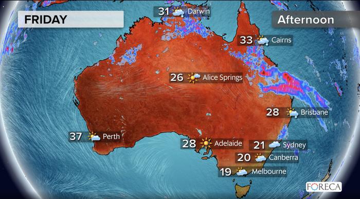 Joulupäivästä tulee kuuma erityisesti Australian länsiosassa: sisämaassa mitataan yli 40 asteen lukemia.