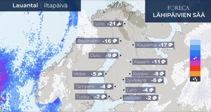 Tapaninpäivänä pakkanen voi paukkua Lapin laaksoalueilla yli 30 asteessa. Suuressa osassa maata on kuiva pakkaspäivä.