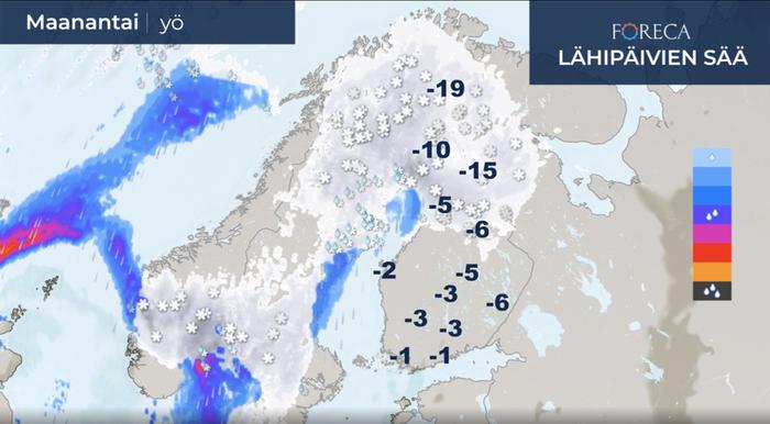 Maanantain vastaisena yönä lunta pyryttää runsaasti Lapissa ja pakkanen heikkenee.