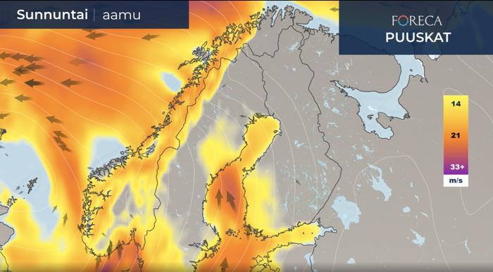Sunnuntaina tuulenpuuskat yltyvät merialueilla myrskylukemiin, myös sisämaassa lännessä puuskat ovat kovia.