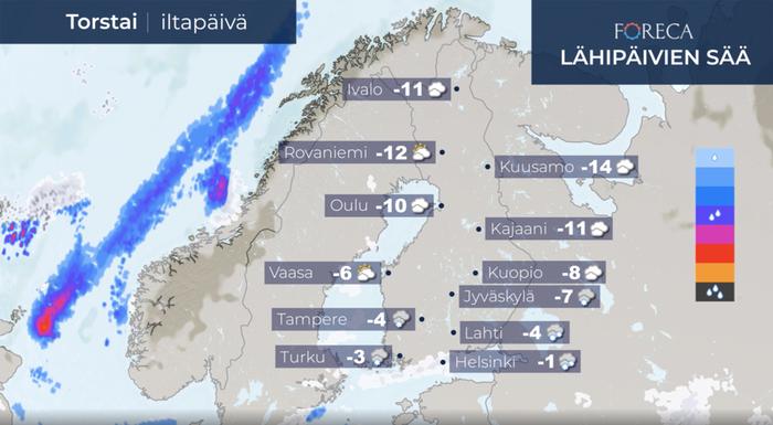 Torstaina sakeat lumikuurot ovat todennäköisiä Suomen etelärannikolla. Tilanne purkautuu perjantaiyönä.