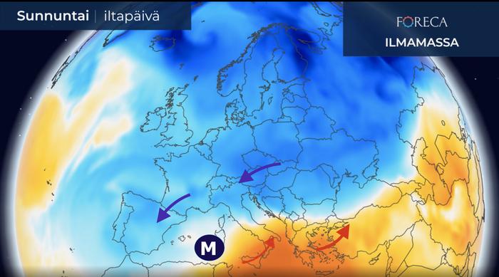 Filomenaksi nimetyn myräkän länsipuolella on koettu erittäin ankaraa talvisäätä, kun taas Välimeren itäosaan virtaa parhaillaan kesäisen lämmintä ilmaa.