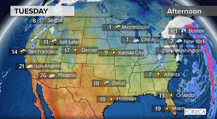 Yhdysvalloissa sakea lumipyry jatkuu vielä tiistain ajan New Yorkin pohjoispuolella.