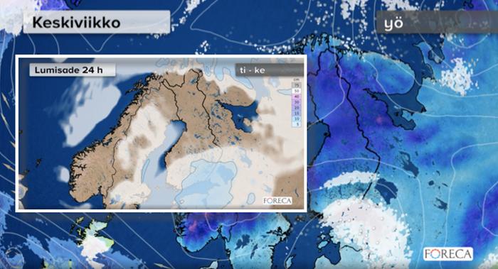 Tiistain ja keskiviikon kuluessa lunta kertynee maan eteläosaan yleisesti 5–10 senttimetriä. Sakein lumisade osuu keskiviikkoyölle.