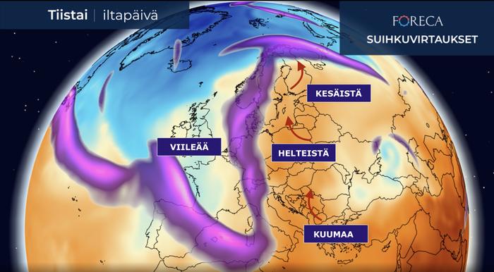 Kaakkois-Euroopasta virtaa hyvin lämmintä ilmaa kohti Suomea.