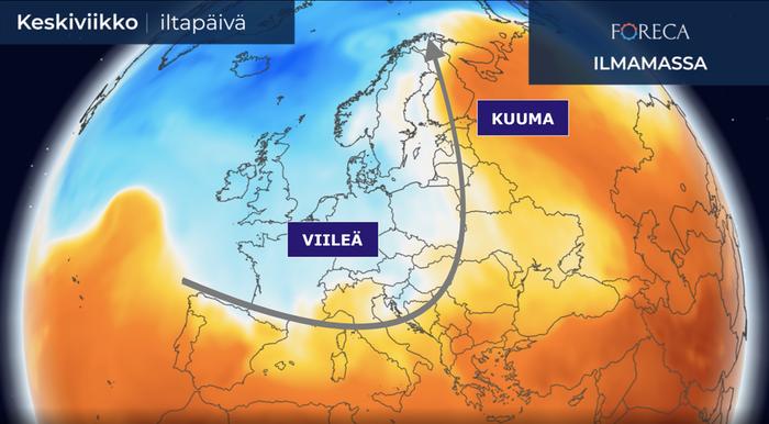 Suomi on kuulunut toukokuussa kahden hyvin erityyppisen ilmamassan rajavyöhykkeelle. Idässä on kuumaa ja kosteaa ilmaa, lännempänä viileämpää. Ilmamassojen rajavyöhykkeellä kulkee runsaita sateita ja ukkosia.