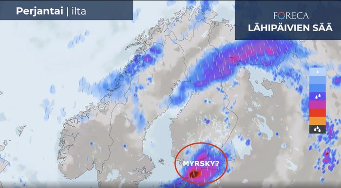 Perjantai-iltapäivästä alkaen Ahvenanmaalla, Varsinais-Suomessa, Uudellamaalla ja Kymenlaaksossa voi sataa rankasti. Merialueilla voi myrskytä ja sisämaassakin myrskypuuskat ovat mahdollisia. Ennuste on kuitenkin vielä epävarma.