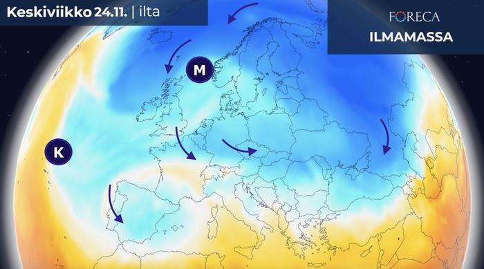 Tämä sääasetelma voi tuoda ensi viikon puolivälissä ja loppuviikolla lunta valtaosaan läntistä ja keskistä Eurooppaa. Lumisateet ovat mahdollisia myös Välimeren maissa. Ennuste kuitenkin elää vielä ja tarkentuu viikonlopun aikana.
