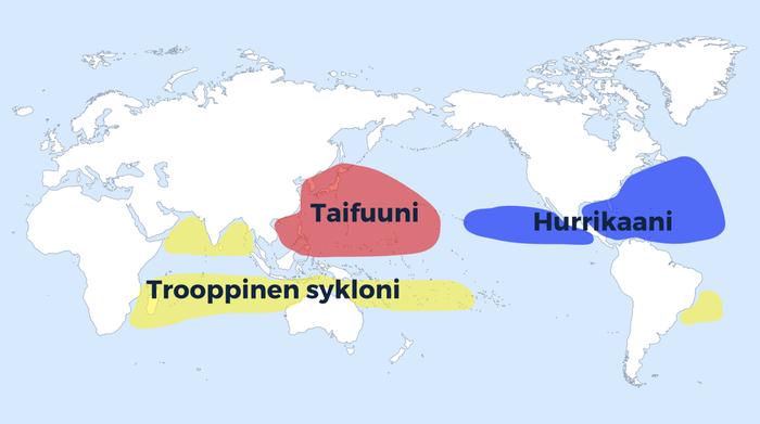 Trooppisten hirmumyrskyjen nimitys vaihtelee eri puolilla maapalloa. Pohjois-Atlantilla ja itäisellä Tyynellä valtamerellä ne ovat hurrikaaneja, läntisellä Tyynellä valtamerellä taifuuneja ja Intian valtamerellä trooppisia sykloneja.