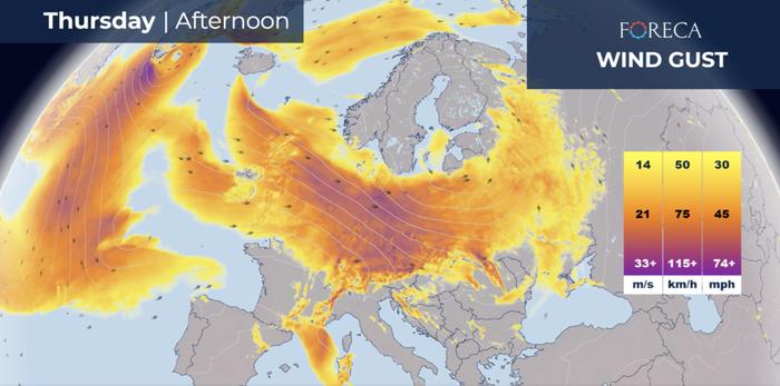 Alankomaissa, Saksassa ja Puolassa kovimmat tuulen puuskat voivat olla yli 33 m/s lähivuorokauden aikana. Tuulituhoja voi syntyä laajoilla alueilla ja voimakas tuuli voi aiheuttaa viivästyksiä liikenteessäkin.