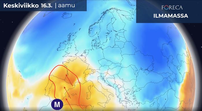 Ciela-myräkän edellä on noussut lämmintä ilmaa kohti pohjoista. Voimakkaat tuulet ovat kuljettaneet runsaan määrän hiekkapölyä punaisen alueen sisäpuolelle Saharan autiomaasta.